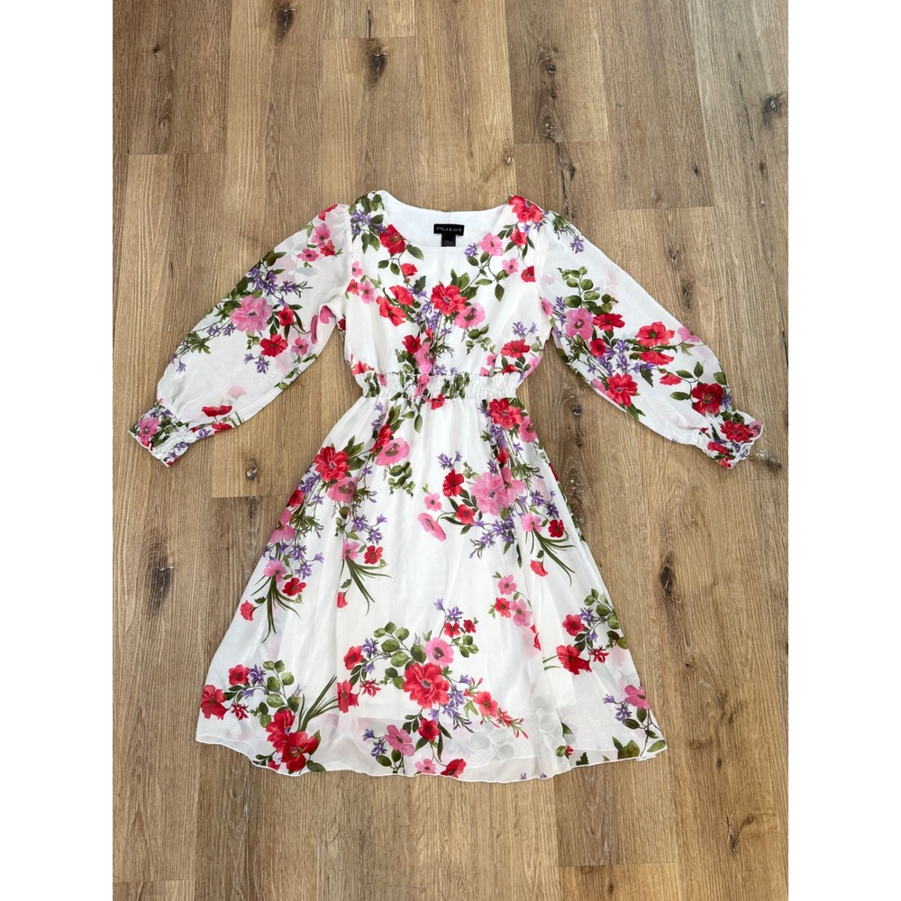 Stella & Julie Floral Midi‎ Dress Womens 6 White Red Chiffon Long Sleeve Smocked